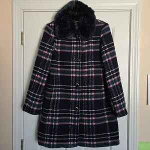 Kate Spade Plaid Women's Peacoat with Removable Faux Fur Collar Sz S